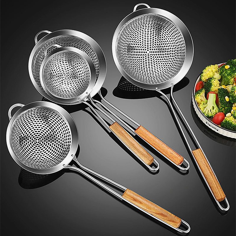 

Stainless Steel Pasta Colander Spoon with Ears Long Wood Handle Food Strainer Frying Chips Drainer Oil Utensils for Kitchen