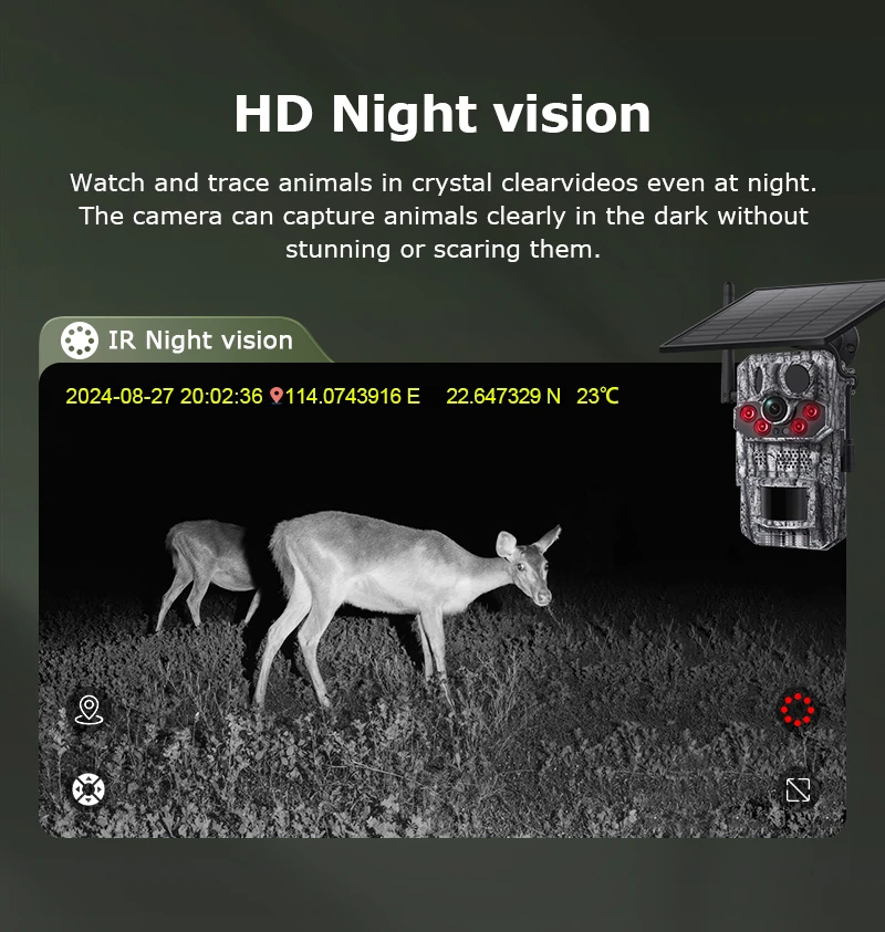 2K Outdoor 4G Solar Cellular Trail Camera Hunting Trail Camera 3-PIRs Motion Act