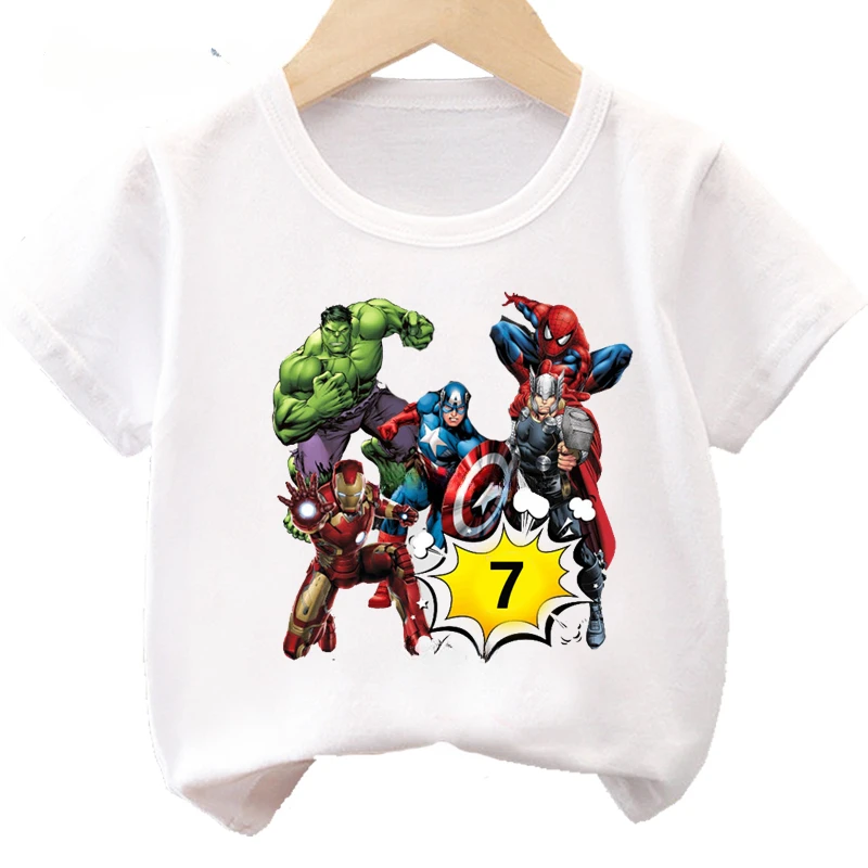 Summer 2 3 4 5 6 7 8 Birthday Marvel SuperHero Short Sleeved Child Cotton T-shirt The Avengers Party Kids Clothes Baby Tees Tops 5