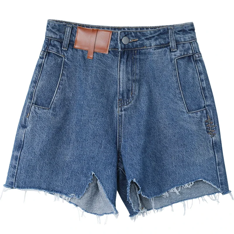 CHIC VEN Women's Denim Shorts Retro Irregularly Cut Blue High-waisted Short Jeans for Women Streetwear Pants Ladies Summer