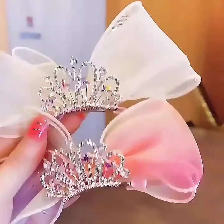 Adorable Baby Princess Crown Hair Clip for Girls with 3D Mesh and Bow