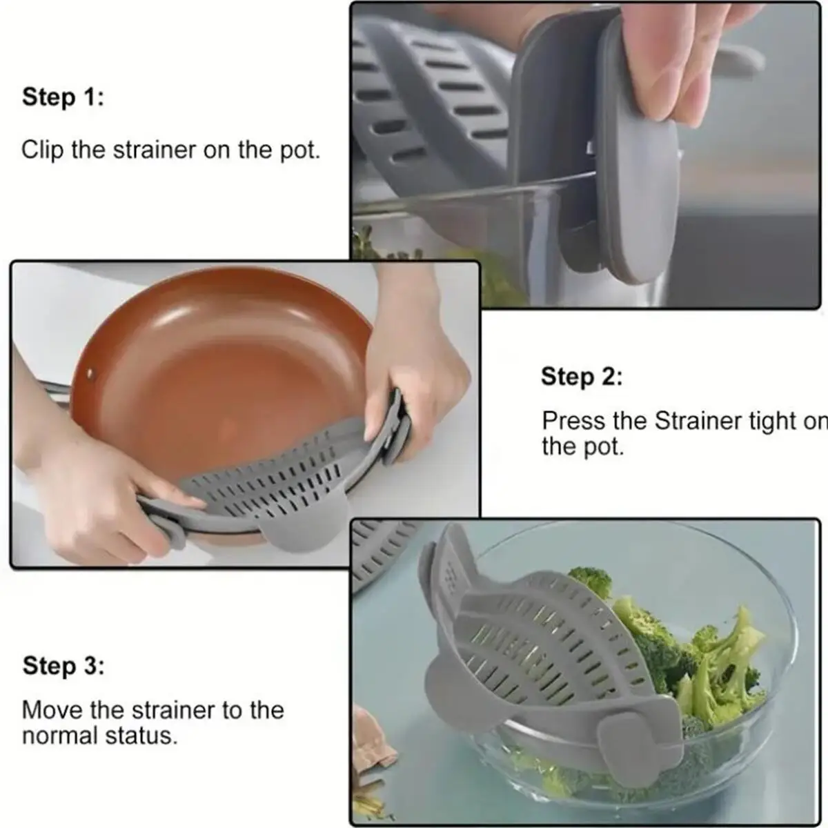 Colino In Silicone Regolabile Con Clip – Scolapasta Portatile Agganciabile A Pentole E Ciotole, Resistente Al Calore, Senza BPA, Utensile Da Cucina (Nero)