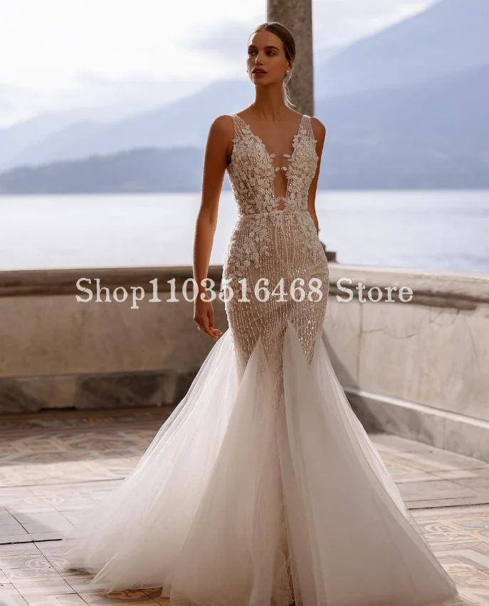 

Elegant Halter Mermaid Wedding Dress 2024 For Women Beige Sexy Applique Lace Bridal Dresses Dresses For Formal Occasions