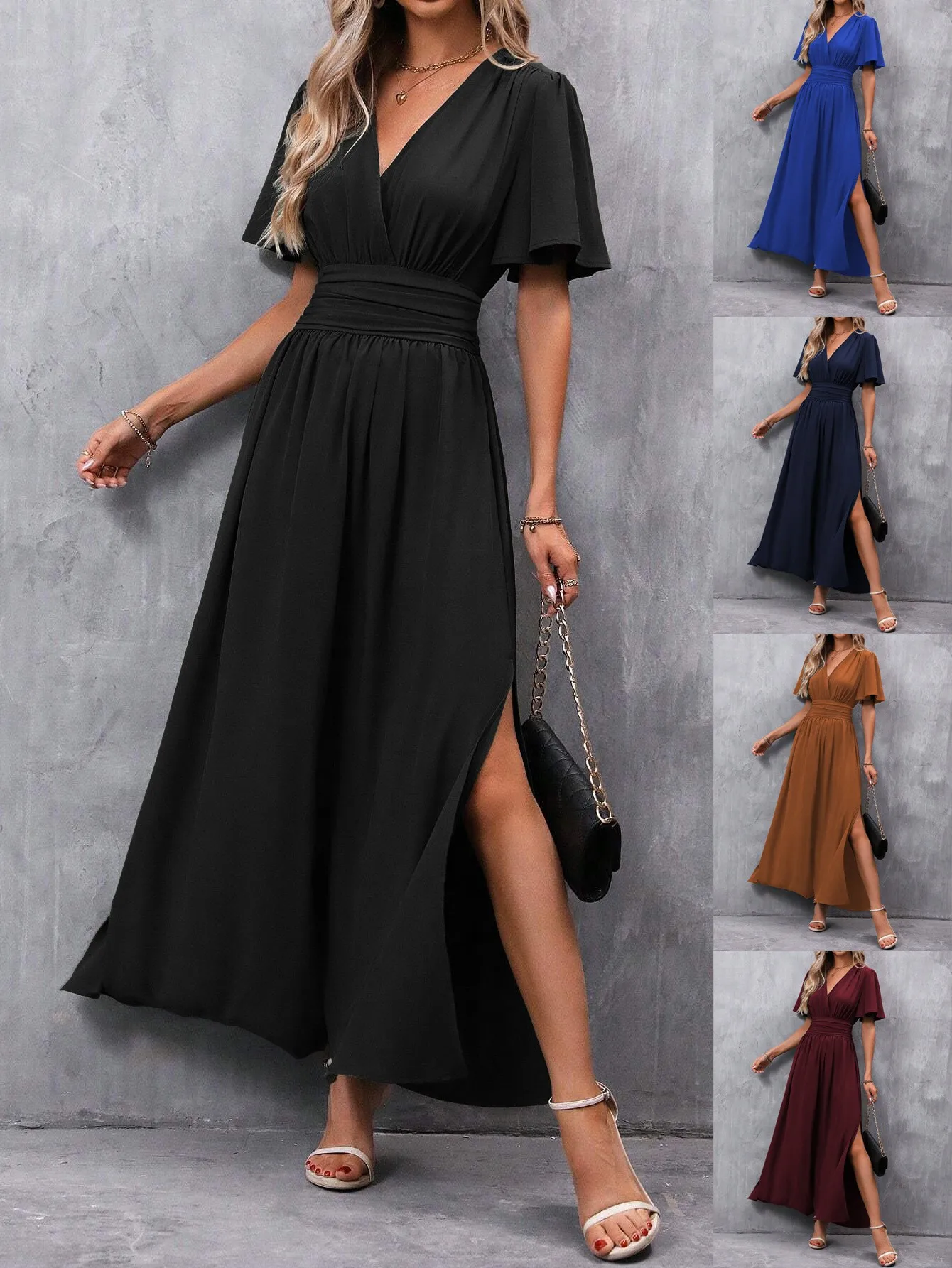 Women's 2029 Flutter Sleeve Evening Dress - Smocked Back High Slit Maxi Dress, Elegant Formal Gown
