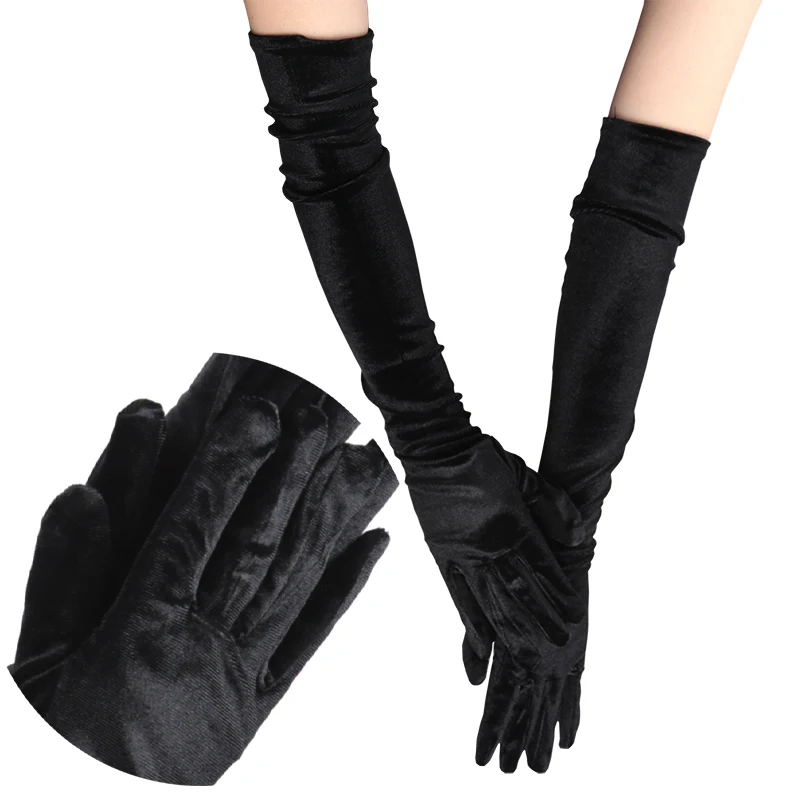 Women Velvet Long Autumn Winter Warm Black Evening Dress Etiquette Gloves Retro Style Banquet Accessories Elasticity Mittens