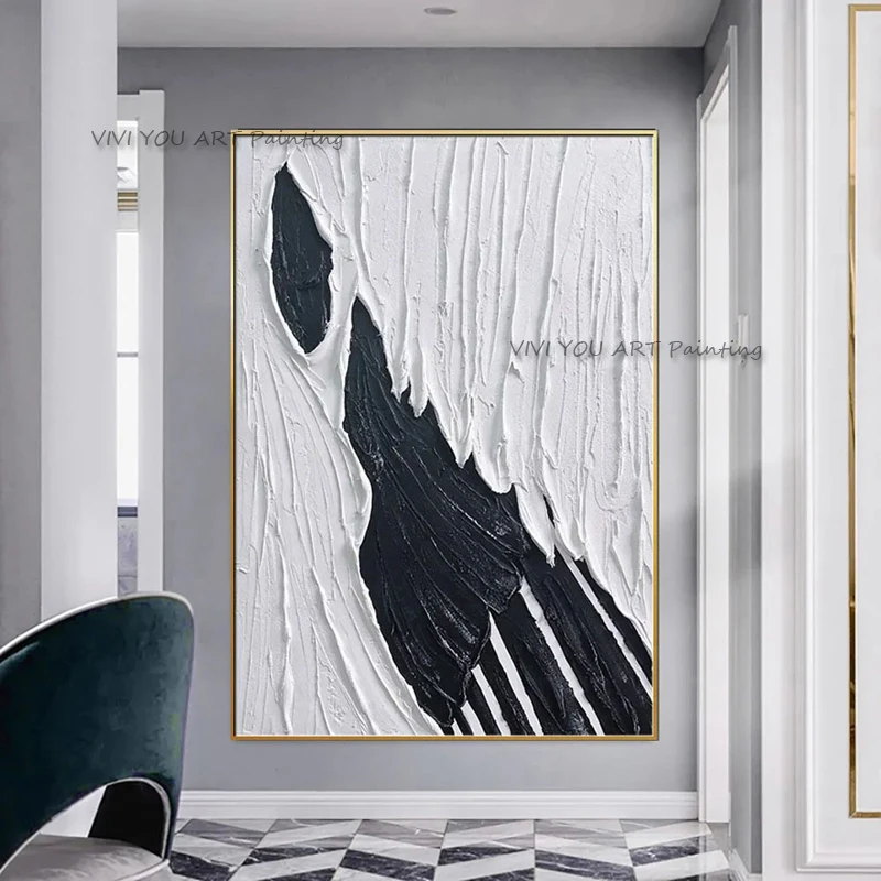 

Высококачественная черная картина маслом ручной работы на холсте Белая картина для гостиной домашнее украшение текстурное настенное искусство без рамки