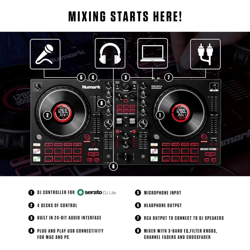 Controller DJ Serato Platinum FX con Jog Wheel e Display, 4 Deck, Mixer, Effetti e Paddle, Spedizione dagli USA - immagine 2