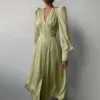 High Waisted Slim Fit Elegant Party Dress V-Neck Ruched Vintage Midi Dress Long Lantern Sleeves Solid Color Evening Dress Women 5