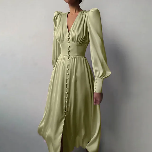 High Waisted Slim Fit Elegant Party Dress V-Neck Ruched Vintage Midi Dress Long Lantern Sleeves Solid Color Evening Dress Women 5