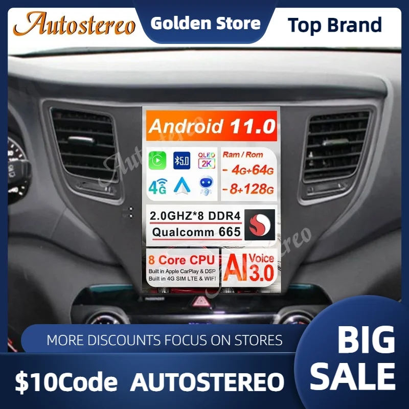 

Android 11 8+128GB Car Radio For Hyundai Tuscon 2015-2019 Qualcomm 665 Auto Stereo GPS Navigation Head Unit Multimedia Player