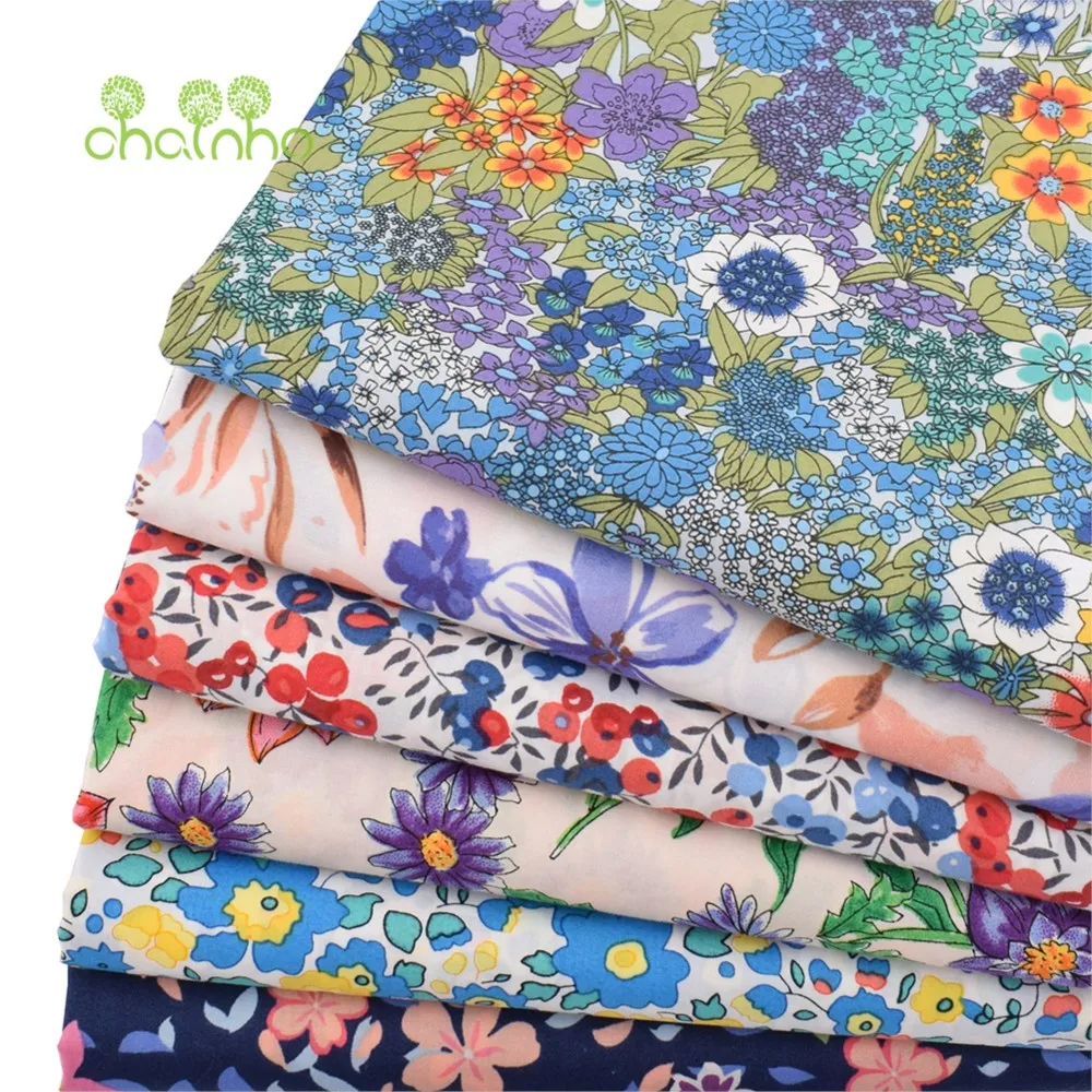 Chainho,Printed Plain Weave Poplin Cotton Fabric,DIY Quilting Sewing Material,Patchwork Cloth,Floral Series,3 Sizes,15PC40