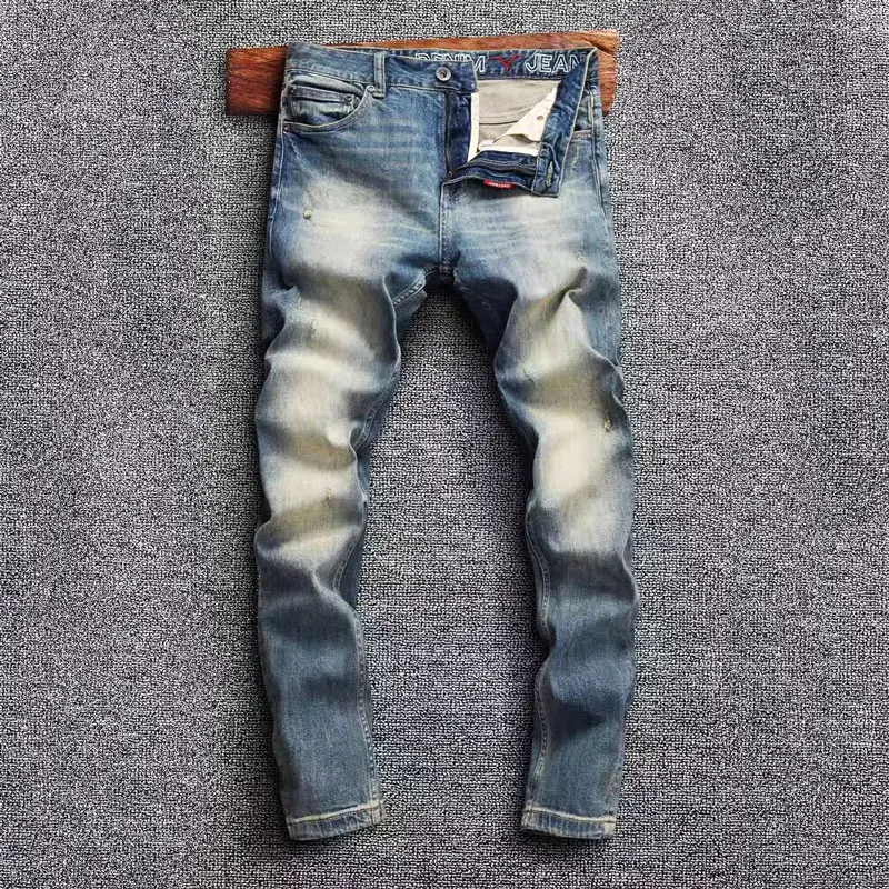 Newly Vintage Fashion Men Jeans High Quality Retro Washed Blue Stretch Slim Fit Ripped Jeans Men Designer Denim Pants Hombre