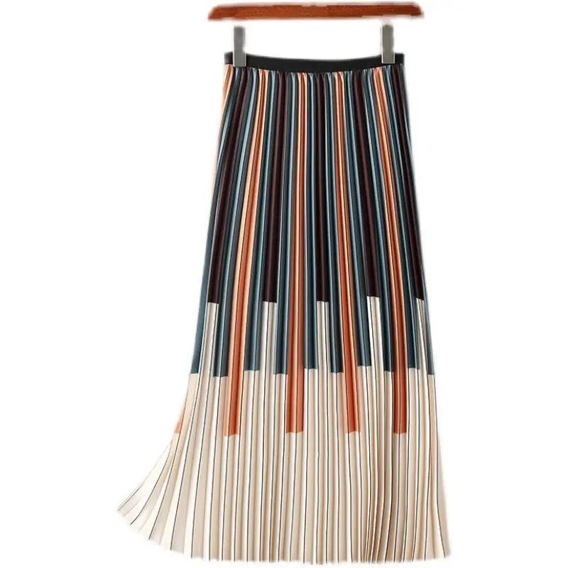 2023 Summer Fashion Trend Contrast Color Piano Vertical Stripe High Waist Covering Belly Pleated Casual A-line Mid Length Dress