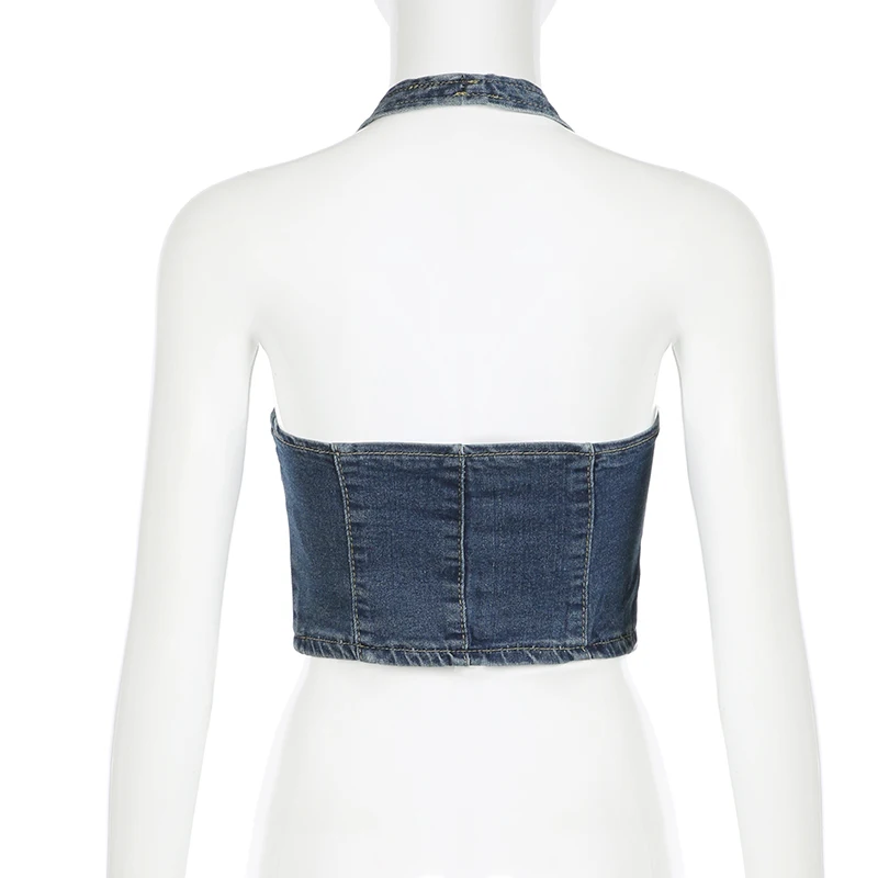 Embroidery Butterfly Women Halter Denim Tank Top Fashion Street Y2K Sleeveless Vest Backless Sexy Fitted Cropped Top