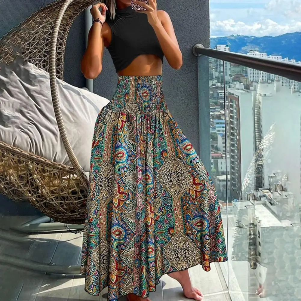

Loose-fitting Women Skirt Vintage Retro Printed Maxi Skirt for Women High Waist A-line Style with Wide Elastic Waistband Summer