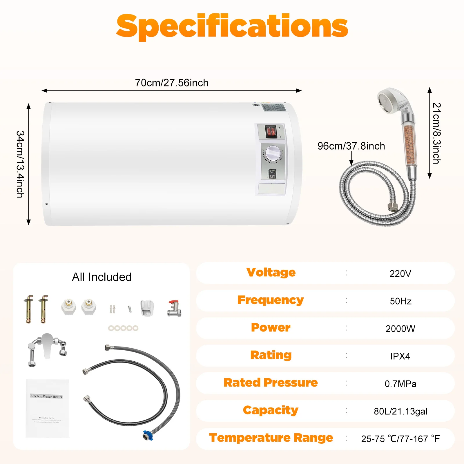 Elektro-Warmwasserbereiter 80 Liter mit LED-Anzeige & 2000 W