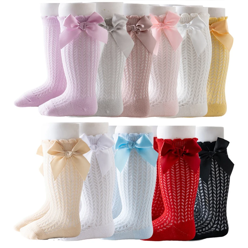 Spring Summer Solid Color Baby Knee High Long Socks Breathable Mesh Bow Stockings Newborn Infant Toddler Cotton Princess Socks
