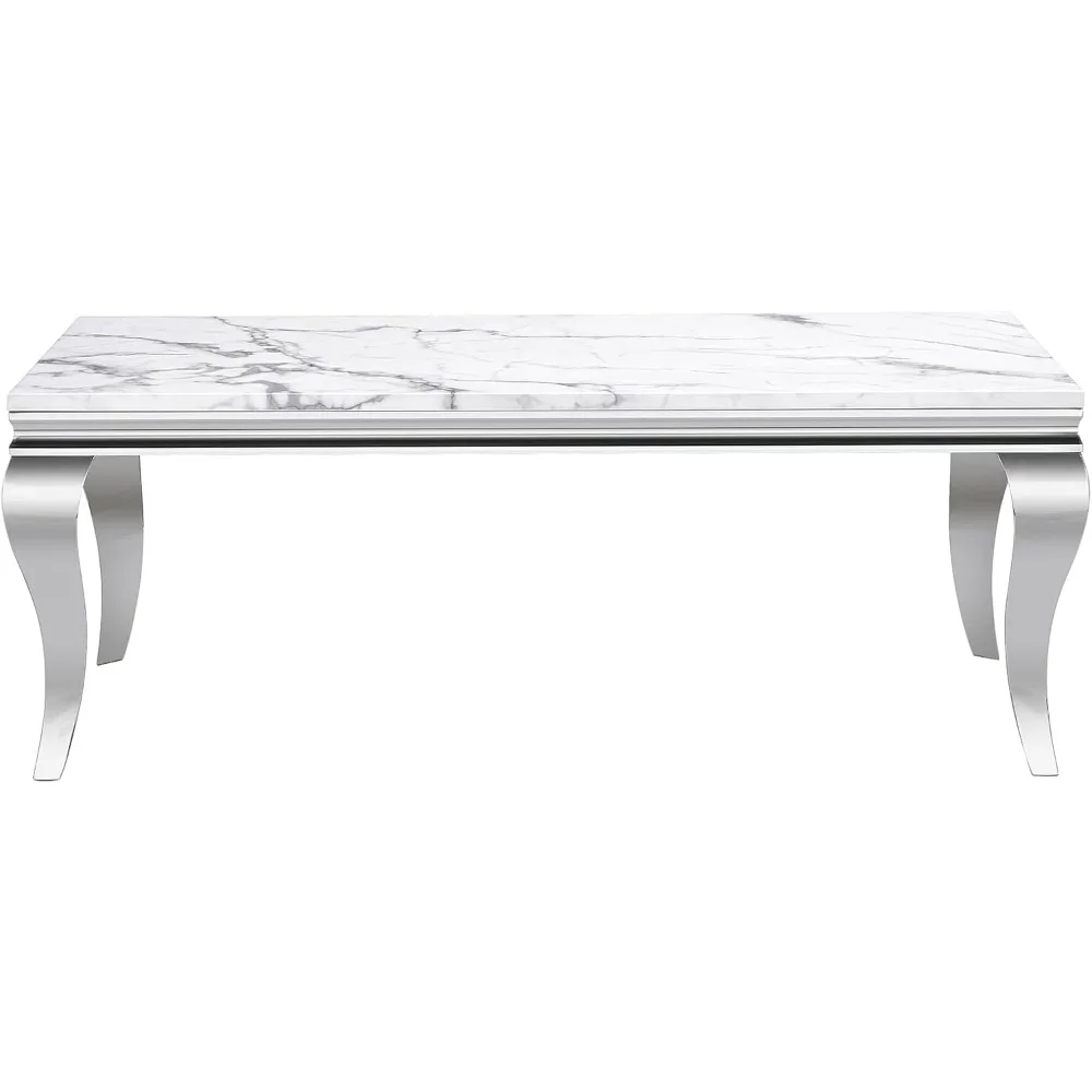 47 Inch Coffee Table, Faux Marble Coffee Tables, Rectangular Living Room Tables, Elegant Side Table with Stainless Steel 6