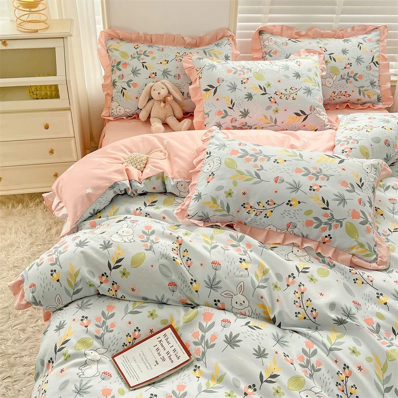 Floral Duvet Cover Ruffle Vintage Flowers Comforter Covers Set, Cute Rabbit Printed, Pink Women Girls Soft Breathable Bedding