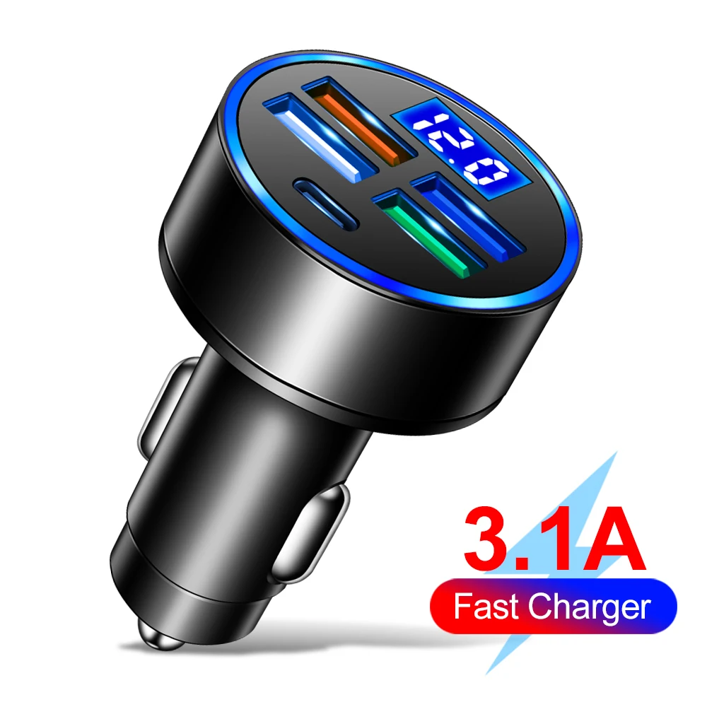 

5 Ports Car Charger Fast Charging Adapter 3.1A 4 USB PD Type C Car USB Charger With LED Phone Charger For Xiao mi Huawei Iphone