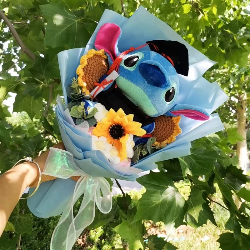 Anime Graduation Stitch Stellalou Plush Doll Toy With Sunflower Handmade Bouquet Stuffed Animals Valentine Christmas Gift 5