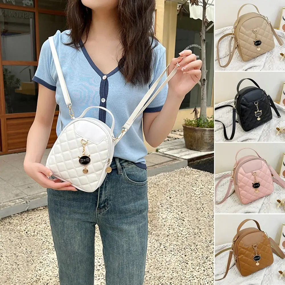 Casual PU Leather Shoulder Bags Grids Multi-function Student School Bags High-capacity Small Backpack Women Girls 1