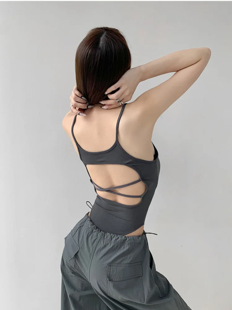 

WOMENGAGA 2023 Summer Sexy Unique Hollow Open Back Sleeveless Bottoming Camisole Women's High Fork Open Waist Top X78Y