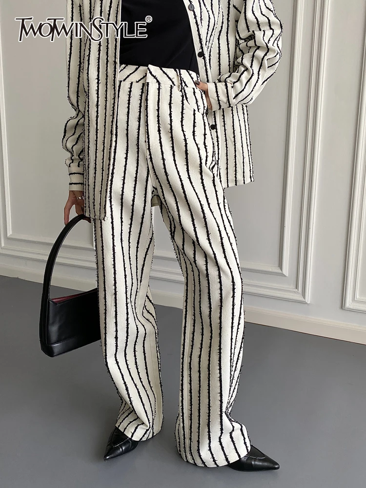 

TWOTWINSTYLE Colorblock Striped Straight Trouser For Women High Waist Patchwork Pocket Casual Wide Leg Pant Female Fashion New