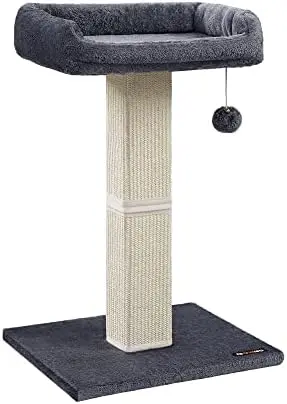 

Cat Scratching Post, Cat Scratcher with 15.7 x 11.8 Inches Plush Perch, 27.9-Inch Tall Scratch Post with Woven Sisal, Pompom, Re