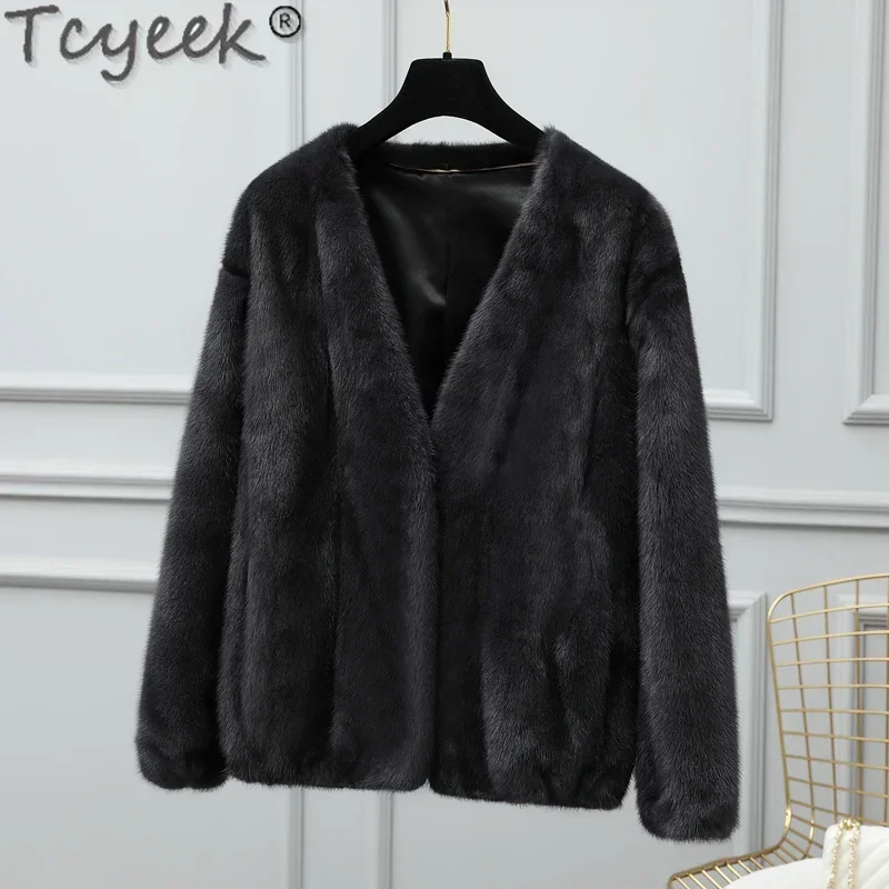 Tcyek 여성용 천연 밍크 모피 코트, 여성 패션, 리얼 모피 재킷, 전체 밍크 2023, 블랙, 겨울, 짧은 스타일