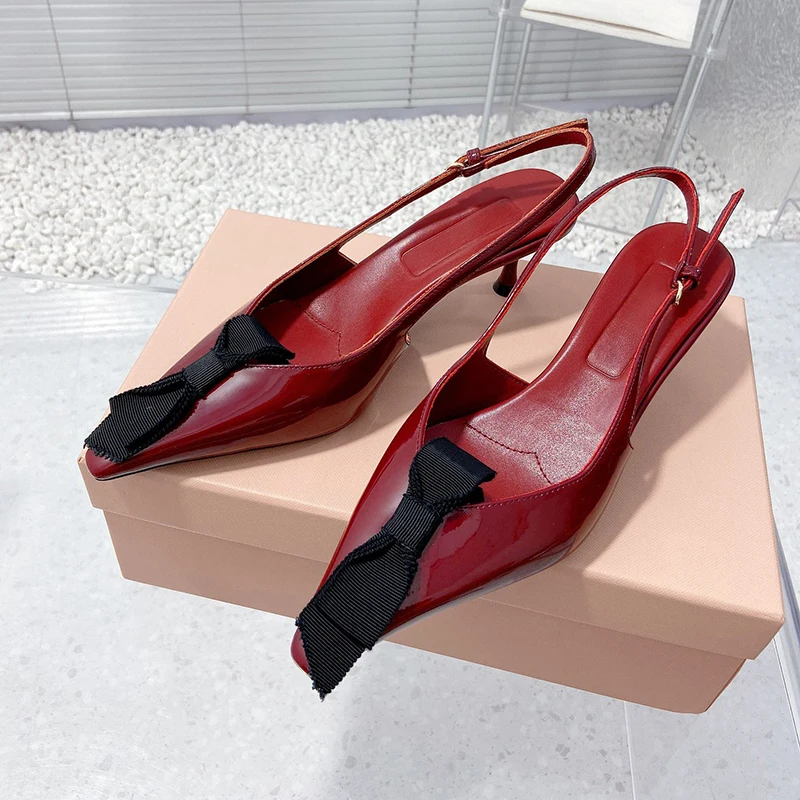 

Luxury Women's Shoes Summer New Butterfly-knot Design Banquet Female Sandals Patent Leather Upper Pointed Toe High Heel Sandals