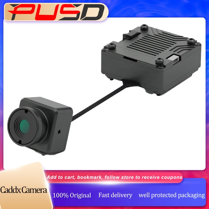 Vue de face de la caméra thermique Caddx 384 avec connecteurs et dissipateur thermique