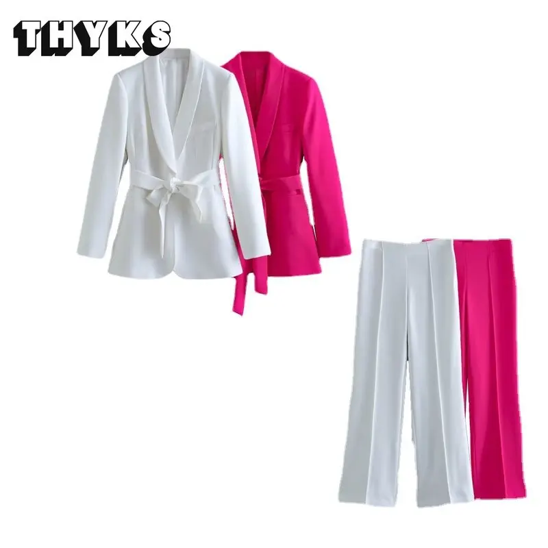 

Women Fashion Pure Colour 2 Piece Set Frenum Vintage Long Sleeve Pockets Coat Straight Wide Leg Pants Suit Business Commuting