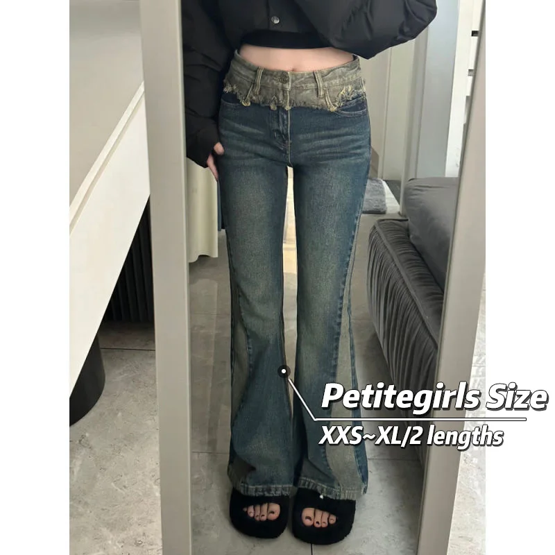 

150cm Petite girls High Street Design Retro Micro Flared Jeans Women High Waist Straight Flared Horseshoe Pants XS Nine Points