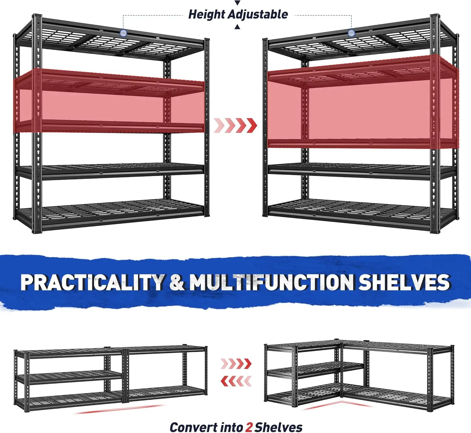 48" W Garage Shelving 2750LBS Heavy Duty Garage Storage 5 Tier Adjustable Metal Storage Shelves Industrial Shelving 6