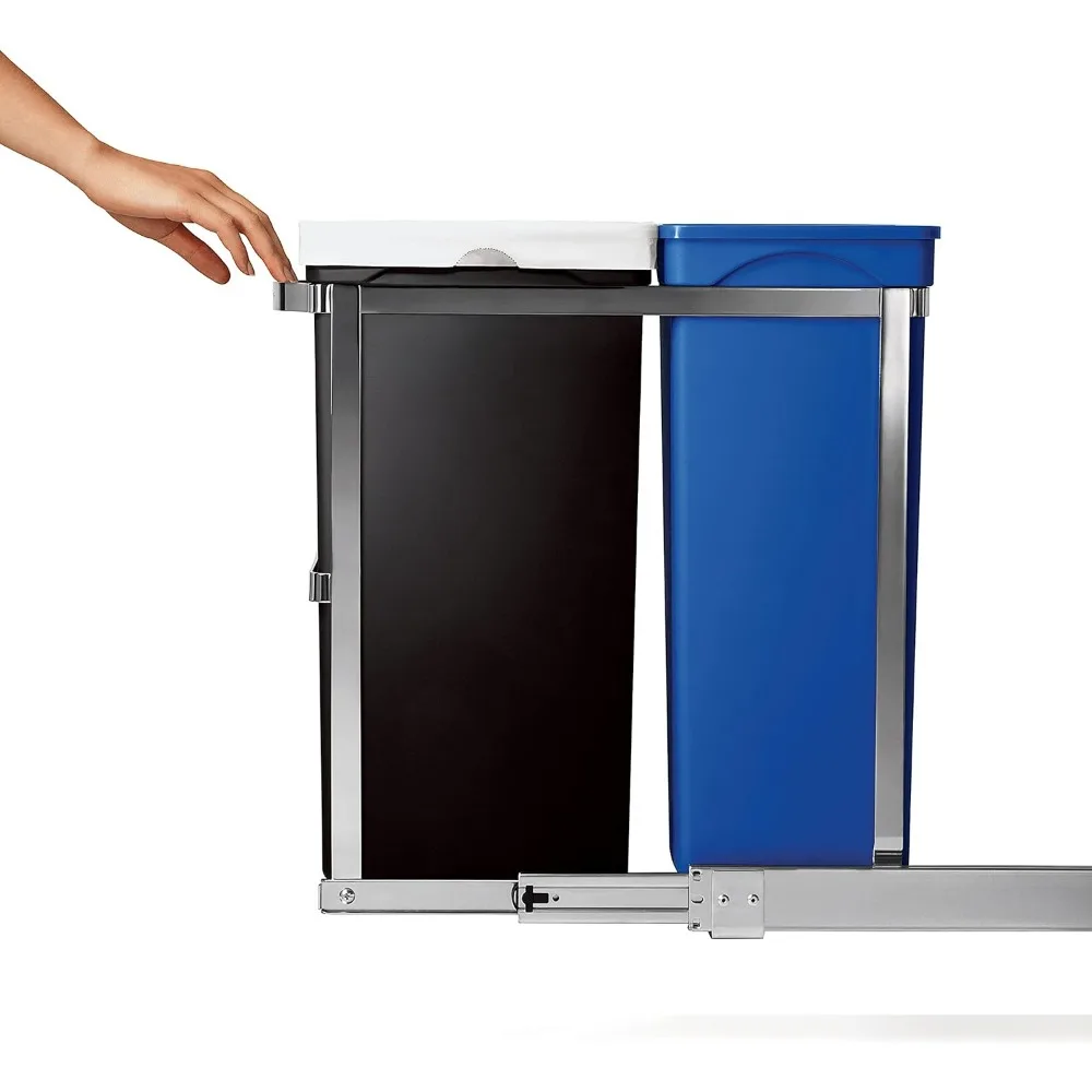 35 Liter / 9.3 Gallon Dual Compartment Under Counter Kitchen Cabinet Pull-Out Recycling Bin and Trash Can, Chrome