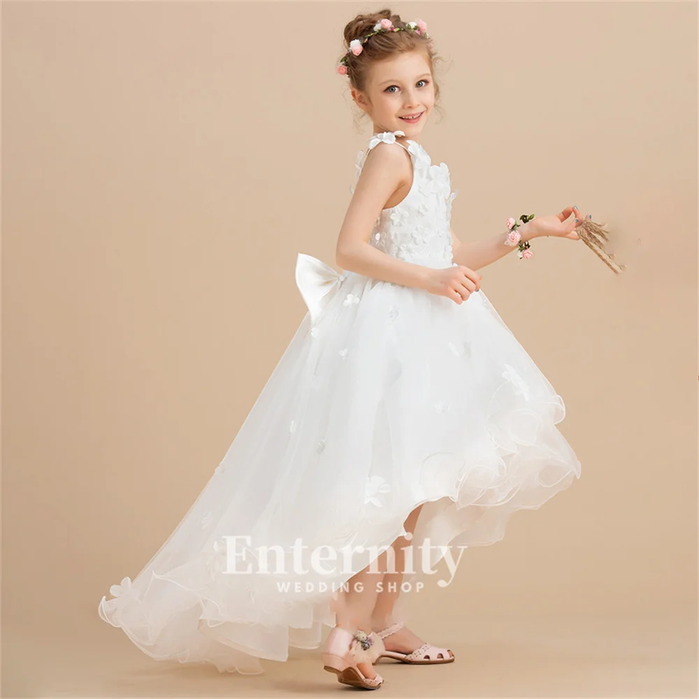 Flower Girl Dresses Ball-Gown V-Neck Girls Elegant Dresses Asymmetrical Tulle Beading Flower Wedding Dresses Vestidos Para Niñas