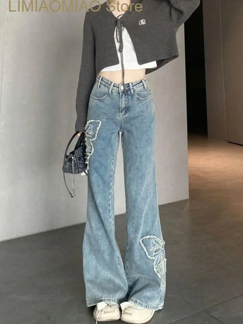 New Flare Jeans High Waist Wide Leg Women Butterfly Embroidery Pants Denim Zipper Fly Ankle Length Pantalones Vintage
