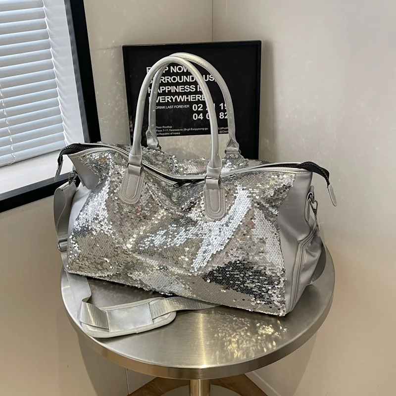 Fashionable Sequins Large Capacity Travel Fitness Bag Personalized Shoulder Bag Accommodation Luggage Portable for BusinessTrips