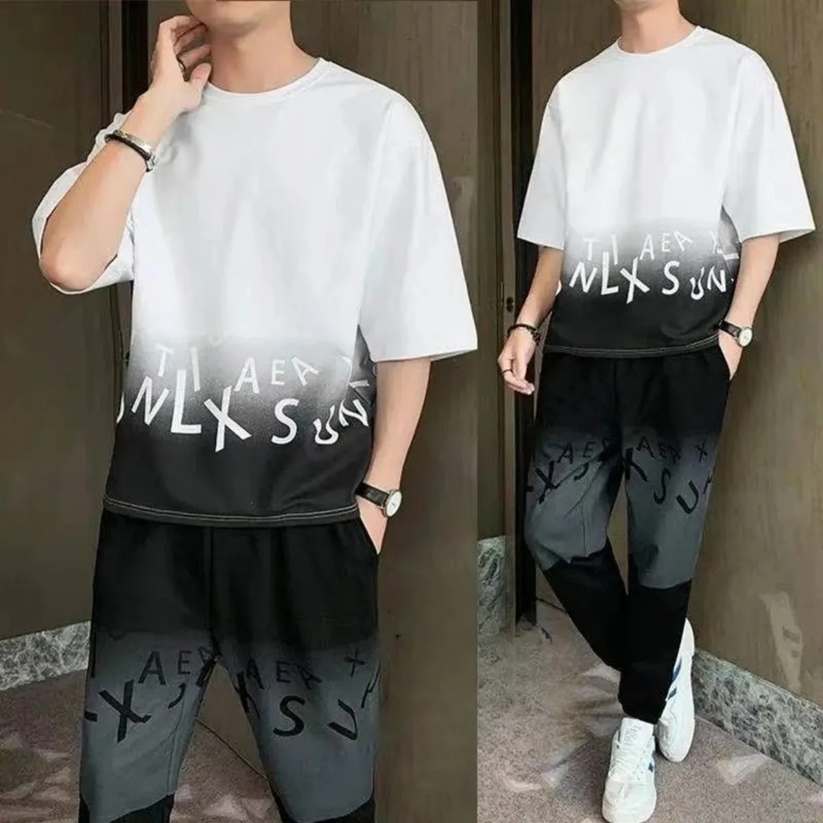 Summer men's gradient letter print pattern breathable round neck T-shirt pants set outdoor casual two-piece set Sf4dbf0b3849e4e8cba90b218c7e653acW