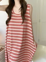 Summer Stripe Svel Large Size Vest Nightgown Loose Belly Covering Wearable Home Clothes Materni Skirt round Ne Print