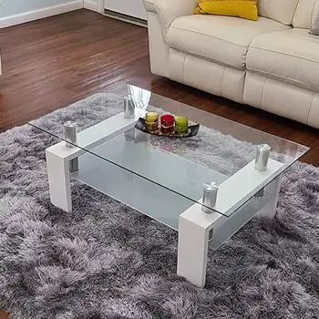 Rectangle Glass Coffee Table 2-Tier Tea Table Modern Side Coffee Table for Living Room 2