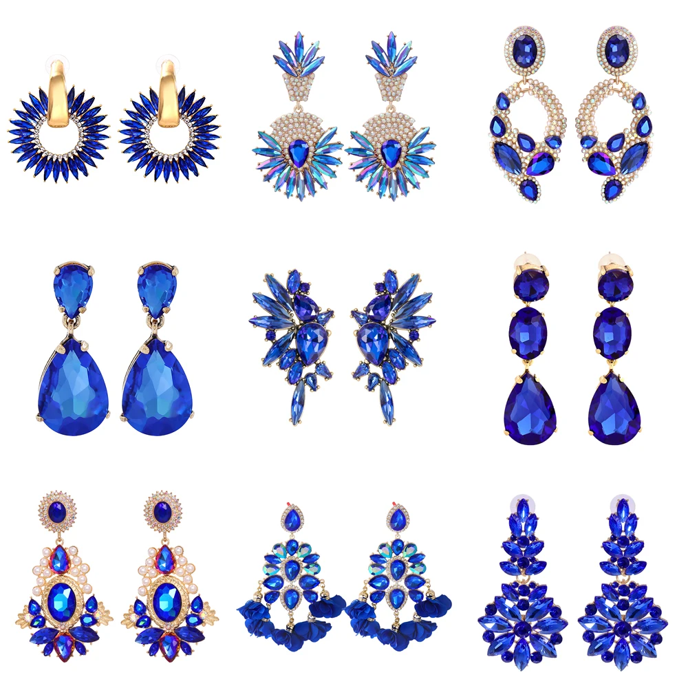 2024TrendNewElegantBlueBigRhinestoneEarringsforWomenLuxuryCrystalDangleEarrings