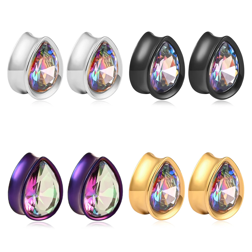 

Vankula 2pc High Quality Stainless Steel Water Drop Zircon Ear Piercing Tunnels Expanders Body Jewelry Earring Plugs Stretchers