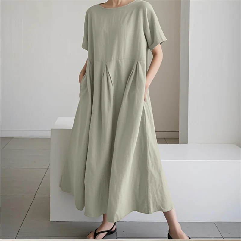 Hochgeschnittene Modische Übergröße-Kleider für Damen Baumwolle Leinen Locker Lässig O-Ausschnitt Pullover-Kleid Einfarbiges Plissiertes Kleid – Detail 10