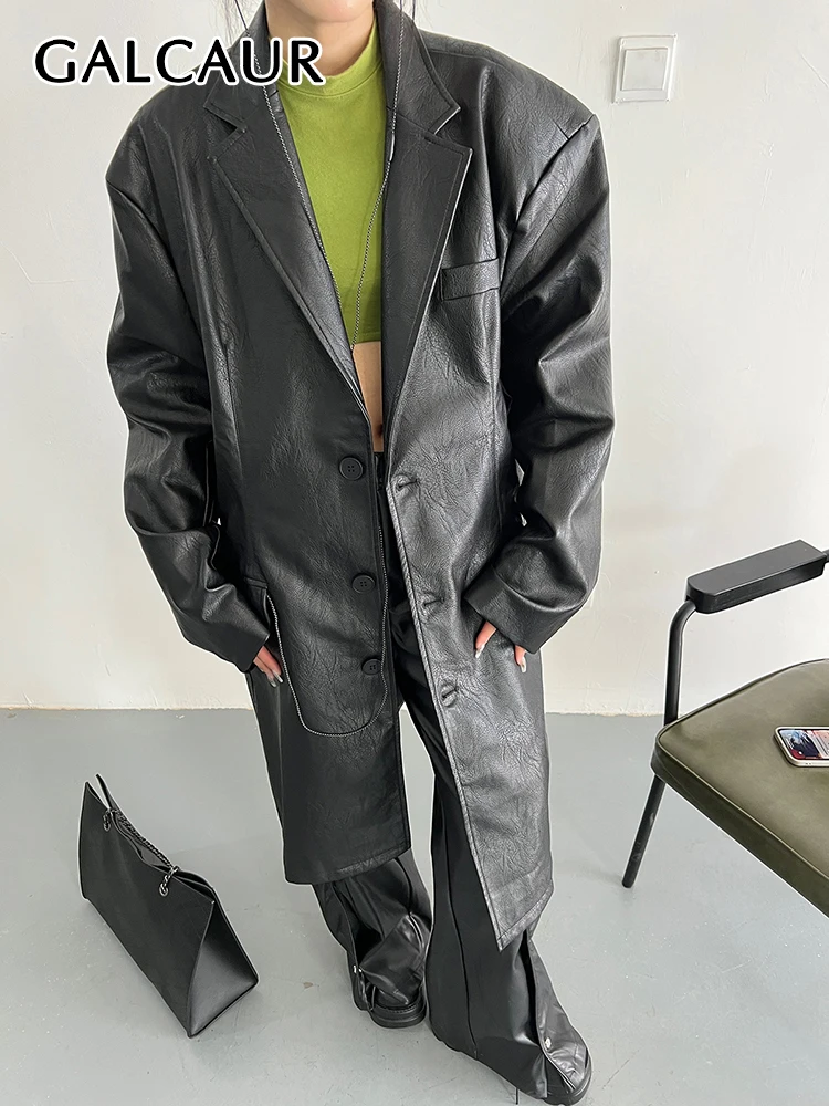 

GALCAUR PU Leather Blazer For Women Notched Collar Long Sleeve Single Breasted Patchwork Pockets Solid Loose Coats Female New