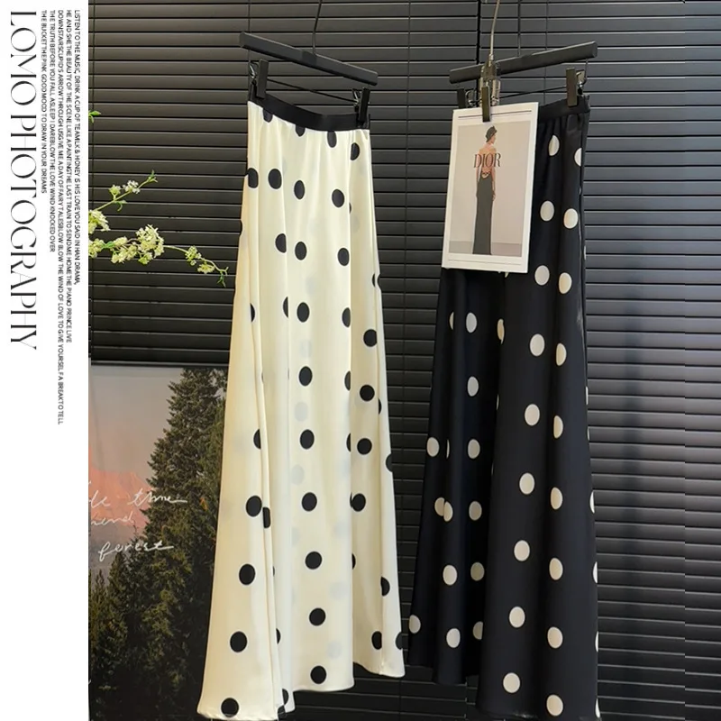 

Women's clothing 2024 summer polka dot half length skirt, women's drape feeling, high waisted satin A-line fishtail long skirt