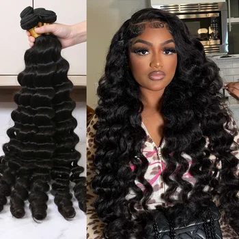 Loose Wave Human Hair Brazilian 30Inch Weave 3 4 Bundles Raw Extensions Water Curly Natural Black Virgin Burmese Tissage Crochet 1