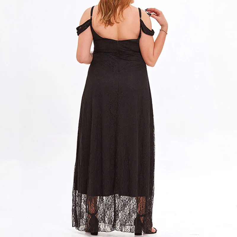 Temperament Elegant Plus Size Clothes Sexy Deep V-neck Patchwork Lace Sleeveless Loose Pleated Backless Slip Black Maxi Dress