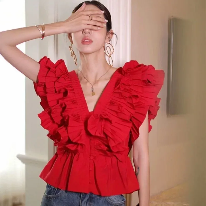 

2024 New Summer Blusas Feminina Solid Ruffles Vintage V Neck Sexy Women Blouses Korean Fashion Elegant Pleated Short Shirts